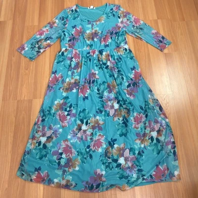 Coldwater Creek Large A-Line Cottage Core Sheer Sleeve Maxi Dress Teal Blue - Image 1 of 4