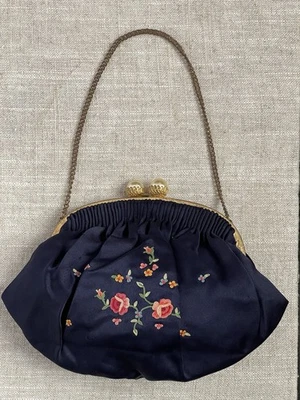 ANTIGUO MONEDERO HECHO A MANO POINT DE BEAUVAIS FLORAL BORDADO SEDA AZUL FRANCIA Foto 1 de 4