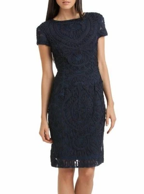 JS COLLECTIONS Short Sleeve Soutache Mesh Cocktail Dress Size 4 Navy Blue Lined - Image 1 of 4
