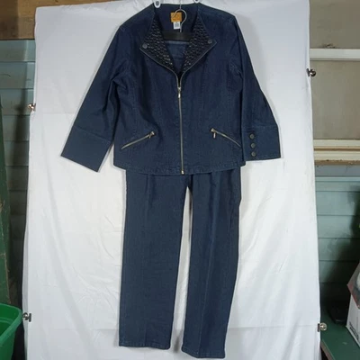 Ruby Rd Womens 2-Piece Jacket 14  Pants 14 Pantsuit Set Blue Denim Metal Circles - Image 1 of 4