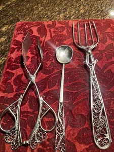 Vintage Metal Filigree Serving Fork, Spoon And Tongs - Picture 1 of 11