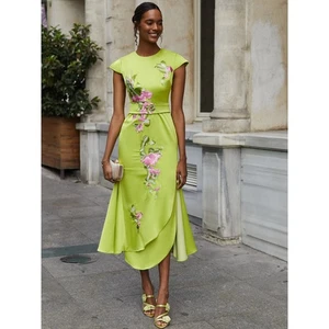 Fehaute NWT Women's Green Floral Embroidered Cap Sleeve Slit Sheath Maxi Dress 2 - Picture 1 of 10