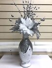 WHITE SILVER VASE WITH FLOWERS MOSAIC CRUSHED CRYSTAL ROMANY BLING 30cms