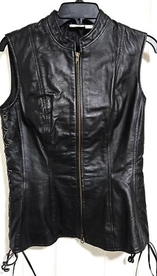 De Colección Años 90 NEWPORT NEWS Mujer Cuero Negro Cremallera Con Cordones Chaleco Montar Motociclista 6 Foto 1 de 4