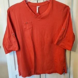Lulu B Womens Solid Orange Cotton 3/4 Roll Up Sleeve Bling Shirt Large - Picture 1 of 6
