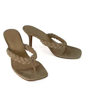 $295 Veronica Beard Marissa Heel Sandal 7M Suede Square Thong Toe Braided Strap - Picture 1 of 14