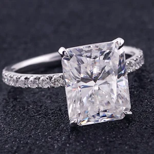 TTC Radiant Moissanite Solitaire Accents Engagement Ring 14K White Gold Plated - Picture 1 of 10