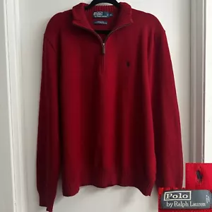 DE COLECCIÓN POLO RALPH LAUREN Algodón XL Grueso Tejido Acanalado Rojo Suéter 1/4 Cremallera Azul Marino Poni - Imagen 1 de 10