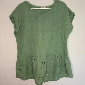 TERZO MILLENNIO Women's L Blouse Pullover Cap Sleeve Italian Linen Green Peplum - Picture 1 of 5