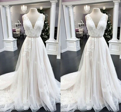 Boho V-Neck Wedding Dresses Sleeveless Lace Appliques Sweep Train Bridal Gowns - Imagem 1 de 4