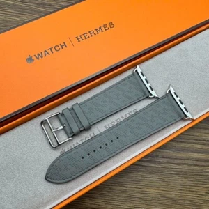 HERMES Apple Watch 45/44/42mm Grey Leather Band Single Tour H Diagonal with Box - Zdjęcie 1 z 9