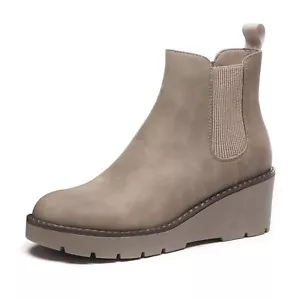Women's Wedge Boots Platform Lug Sole Slip on Wedge Ankle Khaki Booties Size 8 - Picture 1 of 7