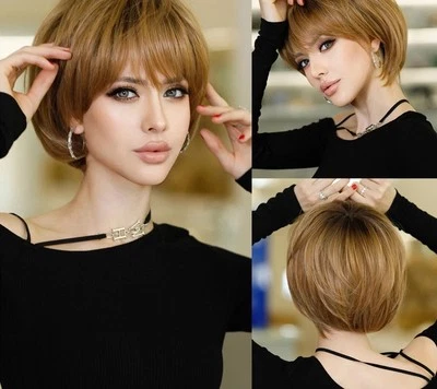 Peruca Ombre Loira Bob Peruca Sintética Natural com Bangs Fibra Resistente ao Calor - Imagem 1 de 3