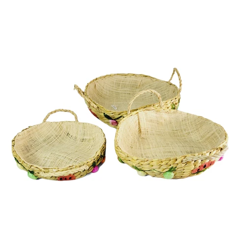 Straw Woven Basket 10" Set 3 Piece Round Handles Fruit Vintage Philippines Cover