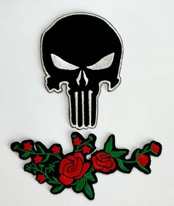 Embroidered Patch Set - Punisher Skull with Roses - Iron-on/Sew-on - 2-Patch Set - Picture 1 of 2