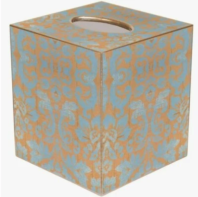 MARYE-KELLEY, "COPPER & BLUE DAMASK" CUBED TISSUE BOX COVER, 5", NEW - Изображение 1 из 2