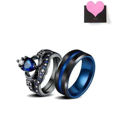 2pcs His&Hers Couple Ring Set Heart Cubic Zirconia Stainless Steel Wedding Band - Image 1 of 4
