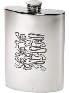 6oz Hip Flask Pewter England Three Lions Motif Polished Finish Screw - Picture 1 of 4