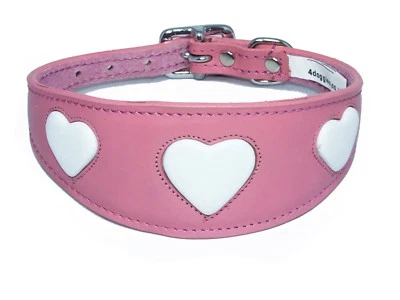 Leather Pink Padded Collar White Heart Greyhound, whippet, Dog Collar 4 Sizes - Image 1 of 2
