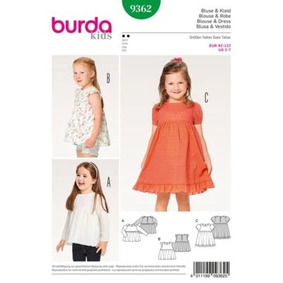 BURDA KIDS 9362 GIRLS DRESS & BLOUSE Sewing Pattern Ages 2 - 7 Skill: EASY - Image 1 of 4