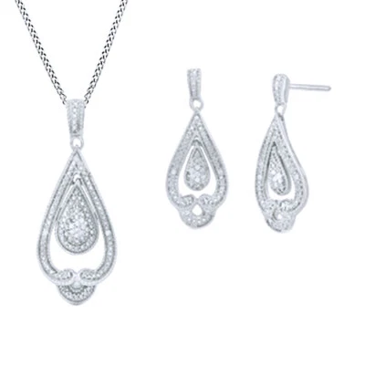 Conjunto de collar y pendientes colgantes en lágrima con acento de diamantes reales de plata de ley Foto 1 de 4