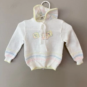 Vintage Quiltex Baby Block Embroidered Sweatshirt White Hooded Zip Back Newborn - Picture 1 of 11