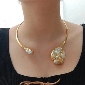 White Keshi Pearl 24 K Yellow Gold Plated Choker Necklace - Picture 1 of 7