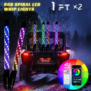 Pair 1FT RGB Spiral LED Whip Lights Antenna Chasing APP & Remote for ATV UTV SXS - Picture 1 of 19