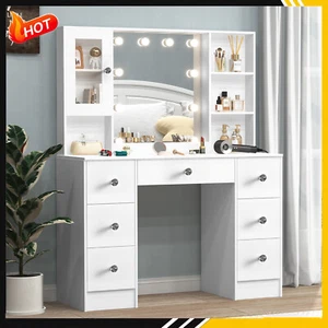 Modern Dresser Desk 7 Drawers Makeup Table 10 LED Bulbs Mirror Vanity Table - Picture 1 of 9