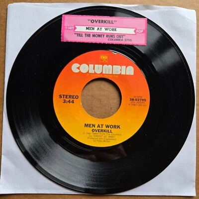 MEN AT WORK Overkill/Till The Money Runs Out 45 7" Record Vinyl Records - Image 1 of 2