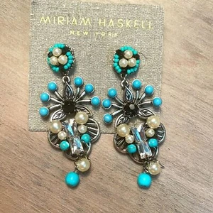 Miriam Haskell Turquoise Pearl Black Earrings NEW - Picture 1 of 6