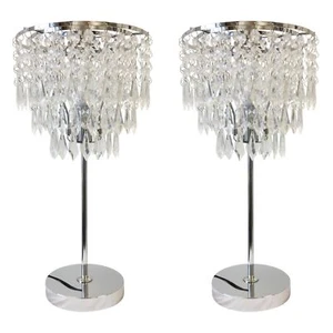 Set of 2 Chrome Table Lamp Bedside Lights With Acrylic Crystal Jewelled Shades - Picture 1 of 8