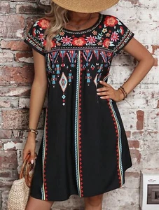 NEW nip Geo & Floral Print Batwing Sleeve Dress Black Geometric Womens S M L - Picture 1 of 2
