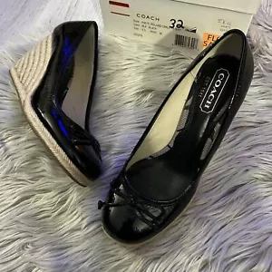 Women's Size 5.5 Coach Black Wedge Ireland Patent Leather Espadrilles - Picture 1 of 11