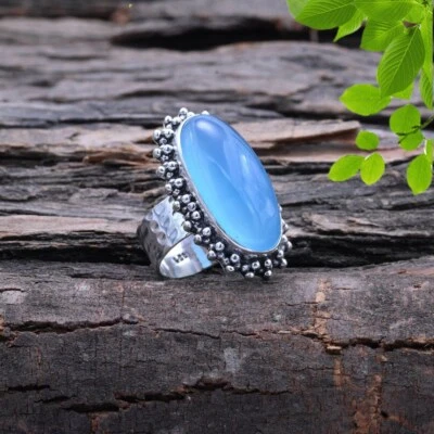 Beauty Blu Calcedonio Gemma 925 Argento Sterling Mano Anello Tutti Misura K-31 - Immagine 1 di 3