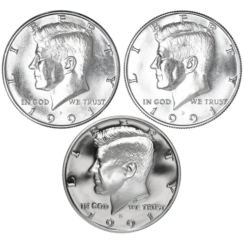 1991 P D S Kennedy Half Dollar Year Set Proof & BU US 3 Coin Lot Cover