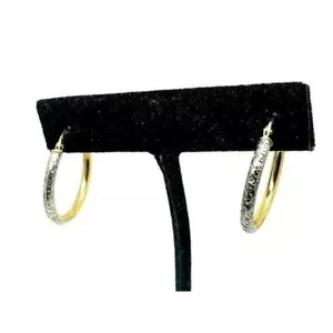 Hoops Earrings 10k Gold Two Tone 25mm Women's Dangle 2.5mm Wide Lightweight - Picture 1 of 12