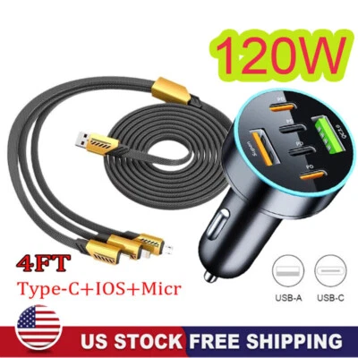 Cargador de coche USB tipo C carga súper rápida 120 W para teléfono Samsung iPhone Android Foto 1 de 4
