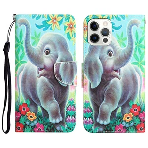 For Various Phone Case New Cute Elephant Painted Flip Card Holder Leather Covers - Picture 1 of 7