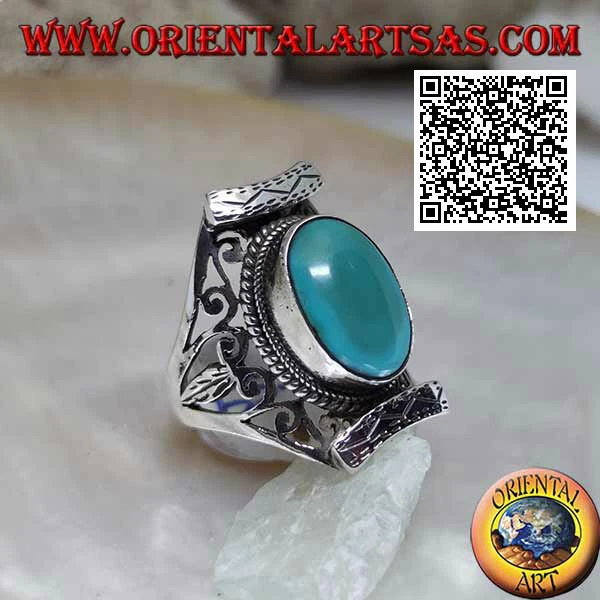 Anello in Argento 925‰ turchese antico su montatura nepalese con trafori sui lat - Immagine 1 di 1