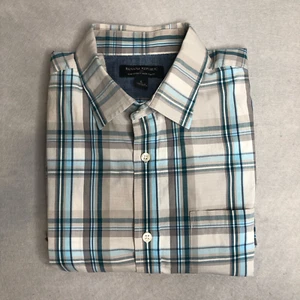 Banana Republic Herren Large Kurzarm Hemd türkis grau weiß kariert Slim Fit - Bild 1 von 4