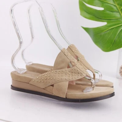 Taryn Rose Womens Shonda Sandal Size 8 Thong Slide Tan Suede Beaded Low Wedge - Image 1 of 4