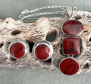 Vintage Modernist Red Jasper Pendant & Earrings Sterling 18" Necklace Mexico - Picture 1 of 15