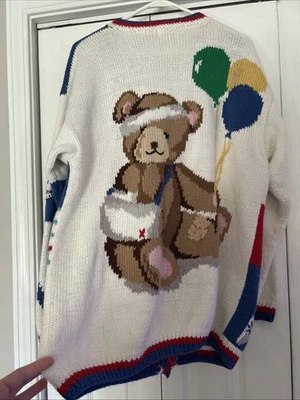 Cárdigan de enfermera ojo de águila vintage tejido a mano oso de peluche suéter talla XL Foto 1 de 4