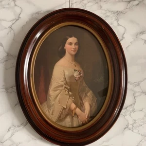 Vintage Southern Belle Lithographie ovaler Holzrahmen 15,25" x 12,5" Porträt Frau - Bild 1 von 7