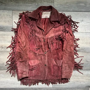 Vintage 70s Schott NYC Rancher Suede Fringe Western Jacket Maroon Red Size 10 - Picture 1 of 8