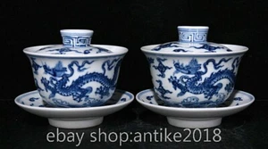 4.2" Chinese Xuande Blue White Porcelain Dynasty Dragon Pattern Lid Tea Cup Pair - Picture 1 of 9