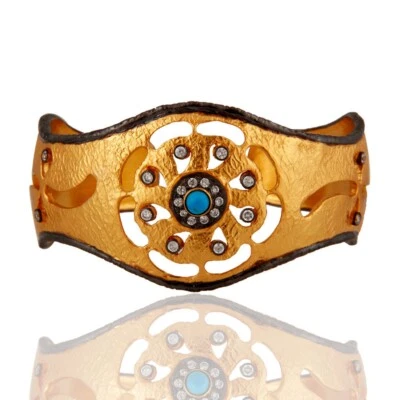 Pulsera Brazalete Ancho Única Gruesa Color Oro 18K y Negro Circón Blanco Turquesa Foto 1 de 4