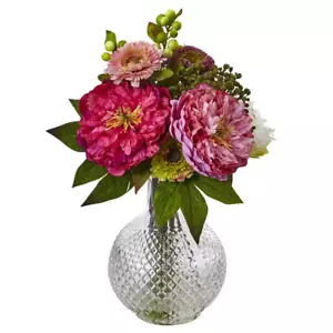 14 In. Artificial Peony and Mum in Glass Vase - Picture 1 of 3
