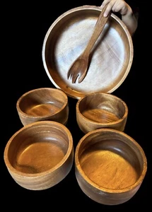 Vintage Monkey Pod Wood 6 Piece Salad Bowl Serving Set MCM - Picture 1 of 8